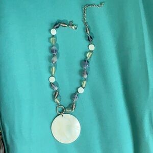 Beaded Necklace with White Shell Pendant Green and Purple Beads
